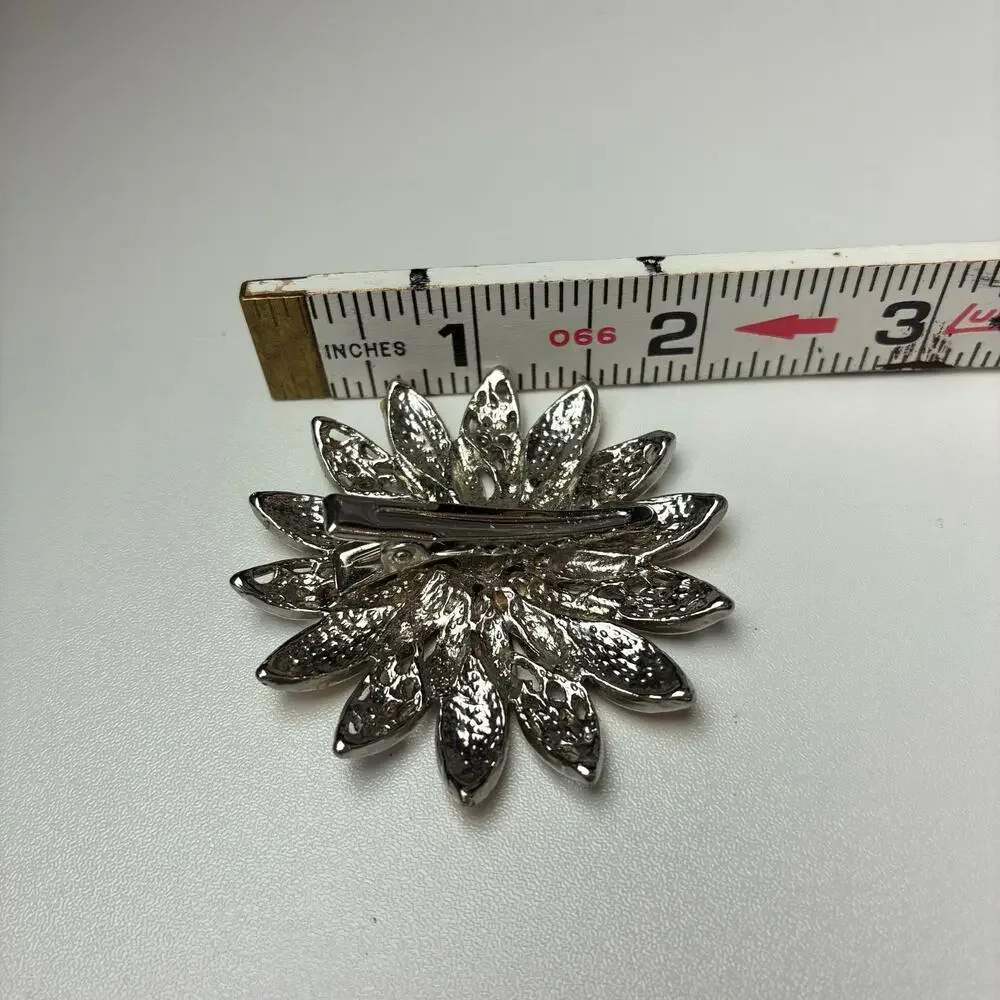 Vintage Flower Brooch Hair Clip Enameled Rhinestone Pink Orange Sparkle Feminine